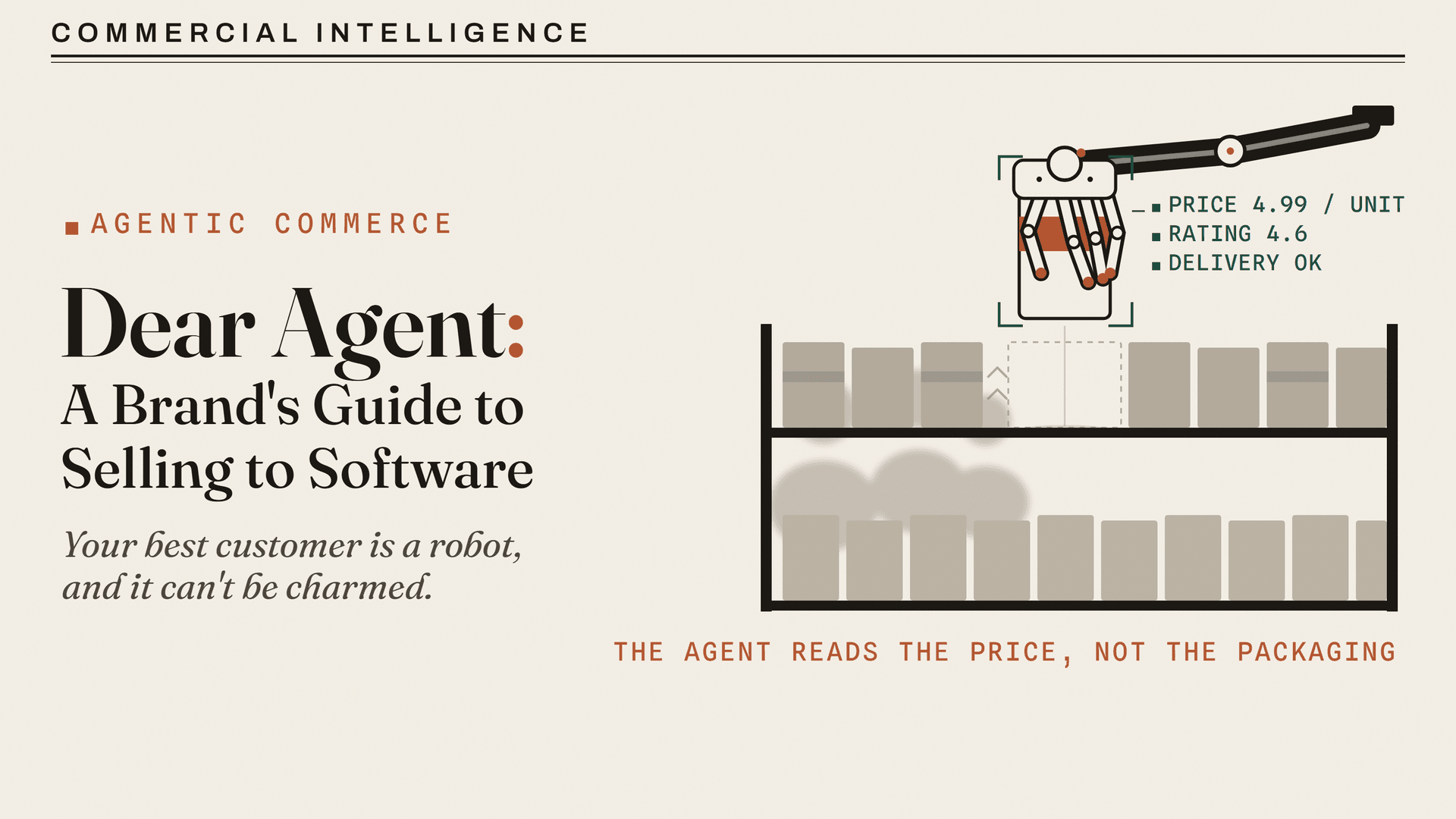 Issue 02 cover plate: Dear Agent, a mechanical hand lifting an ordinary product off a supermarket shelf while software reads it as data